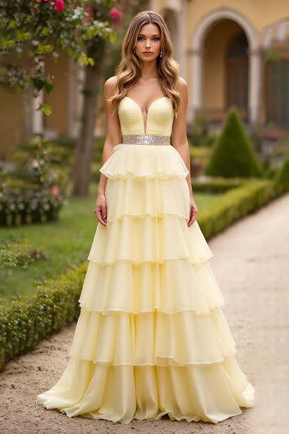 Leely Women Light Yellow Tiered A Line Long Prom Dress Beaded Sweetheart Tulle Strapless Formal Dress