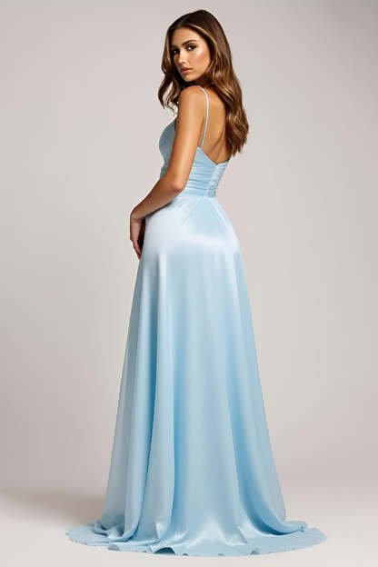 A Line Spaghetti Straps Sky Blue V-Neck Long Prom Dress with Slit