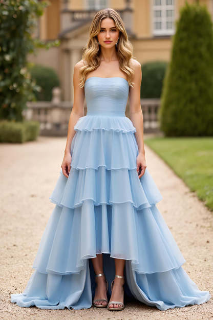 Leely Women Sky Blue Strapless A Line Long Prom Dress Strapless Tiered Asymmetrical Ruched Formal Dress