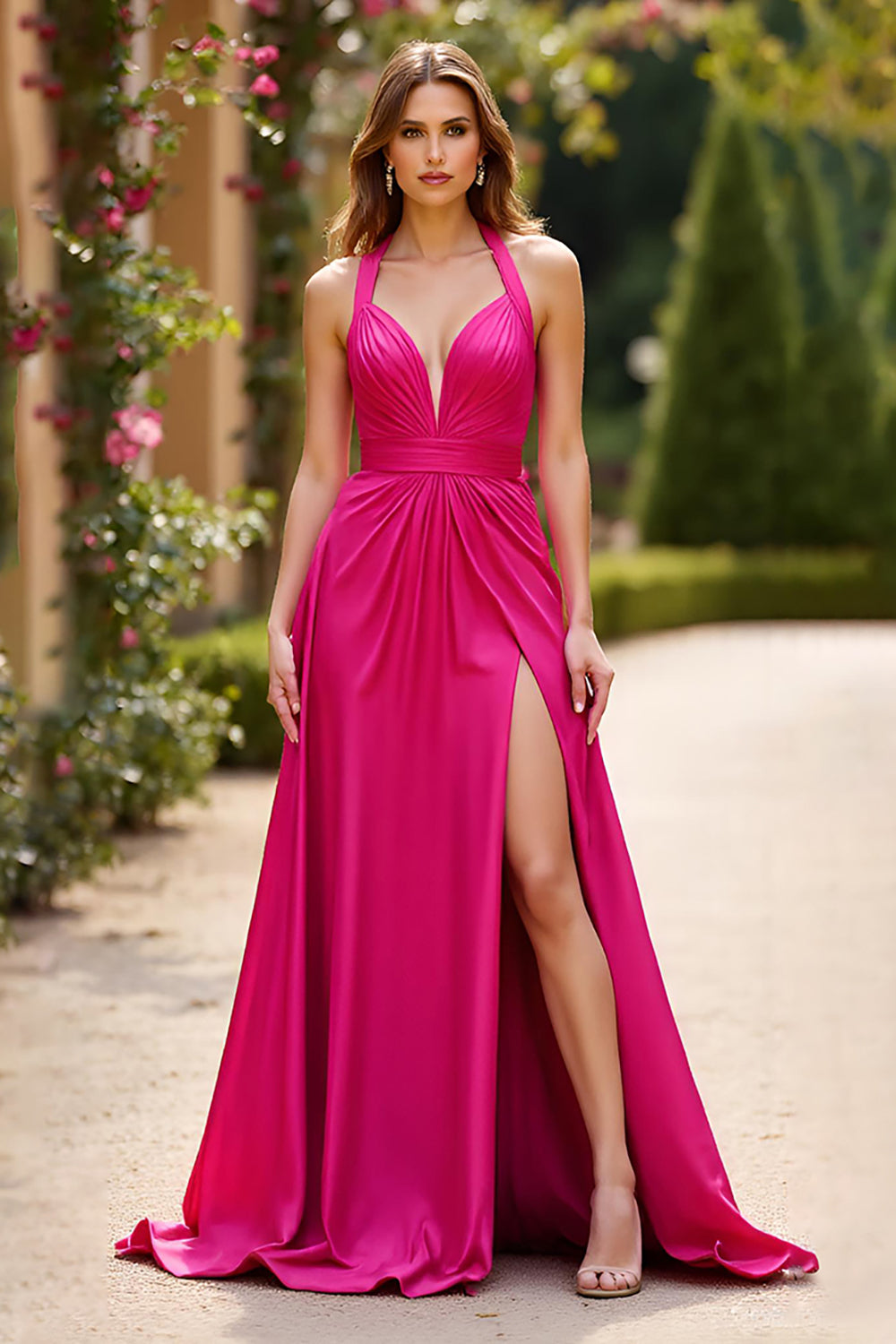 Leely Women Fuchsia A Line Satin Long Prom Dress with Slit Halter Neck V-Neck Ruched Formal Dress