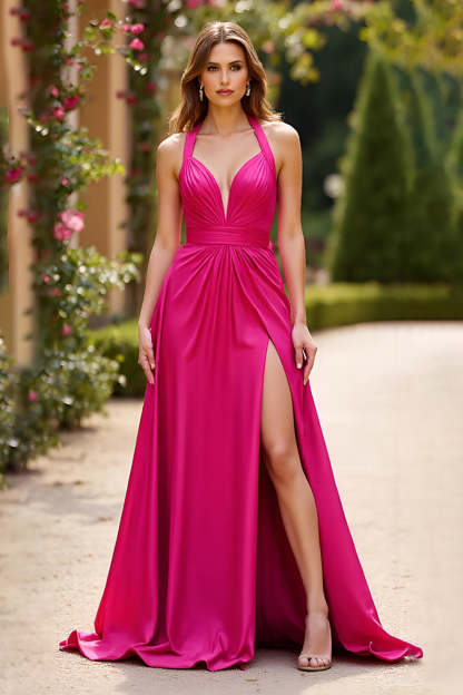 Leely Women Fuchsia A Line Satin Long Prom Dress with Slit Halter Neck V-Neck Ruched Formal Dress