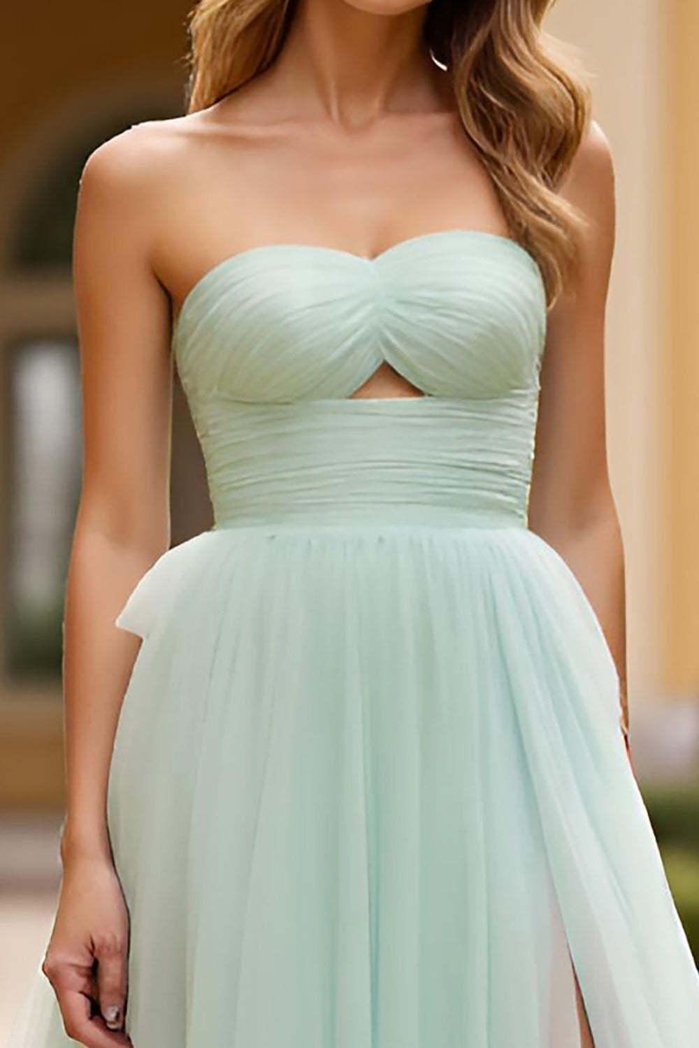 Light Green Strapless A Line Tiered Long Prom Dress with Slit