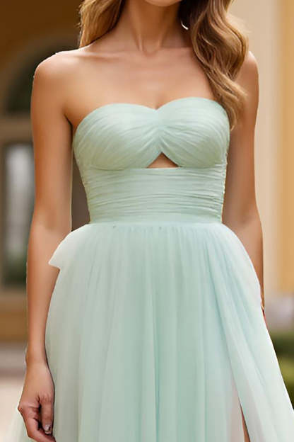 Light Green Strapless A Line Tiered Long Prom Dress with Slit