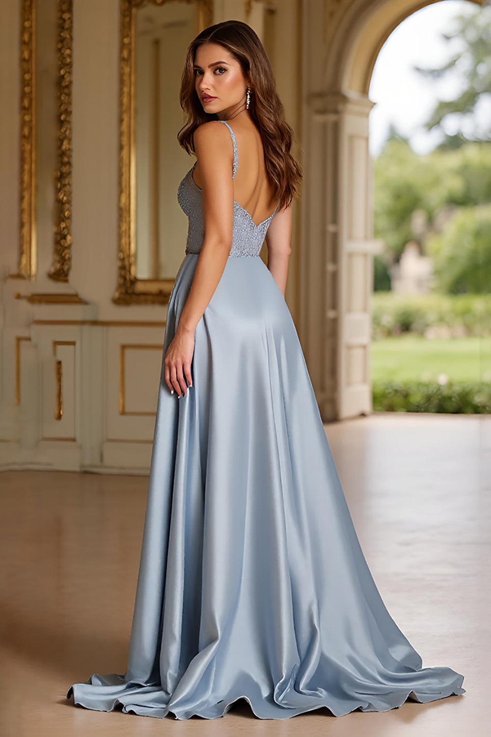 A Line Dusty Blue V-Neck Beaded Long Prom Dress with Slit