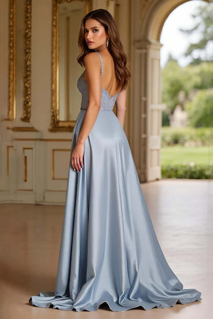 A Line Dusty Blue V-Neck Beaded Long Prom Dress with Slit