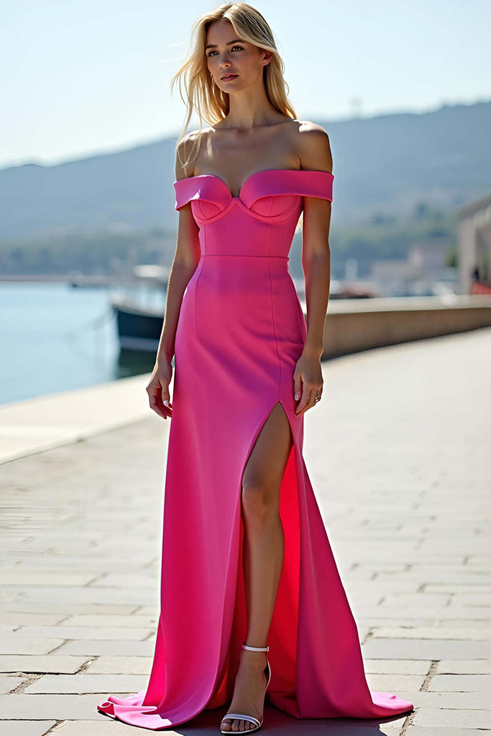 Leely Women Fuchsia Corset Sheath Long Prom Dress with Slit Off the Shoulder Satin Backless Formal Dress