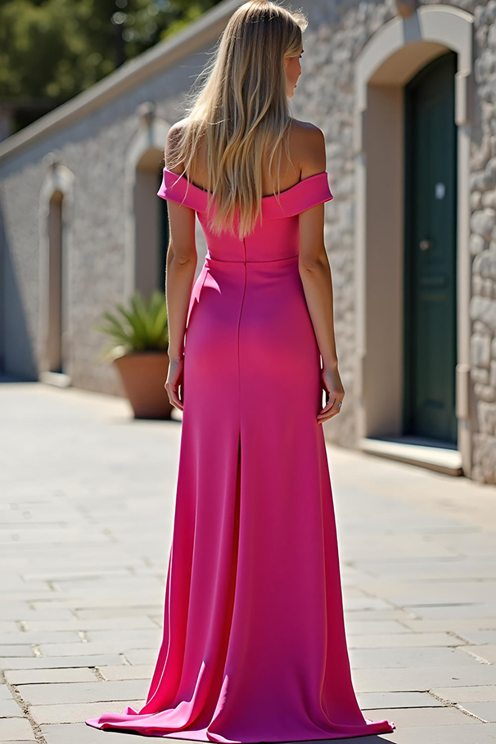 Off the Shoulder Fuchsia Sheath Corset Long Prom Dress with Slit