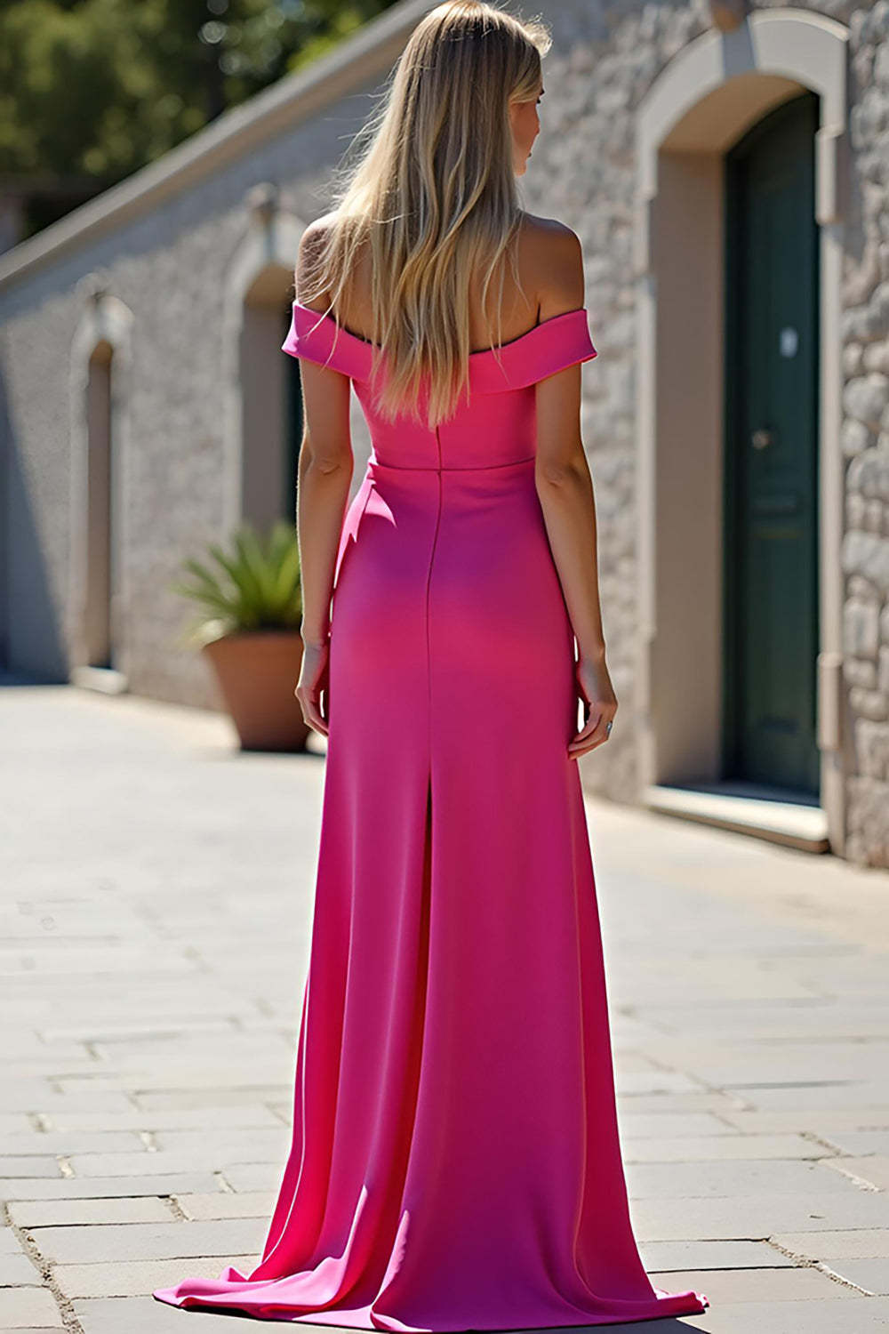 Off the Shoulder Fuchsia Sheath Corset Long Prom Dress with Slit