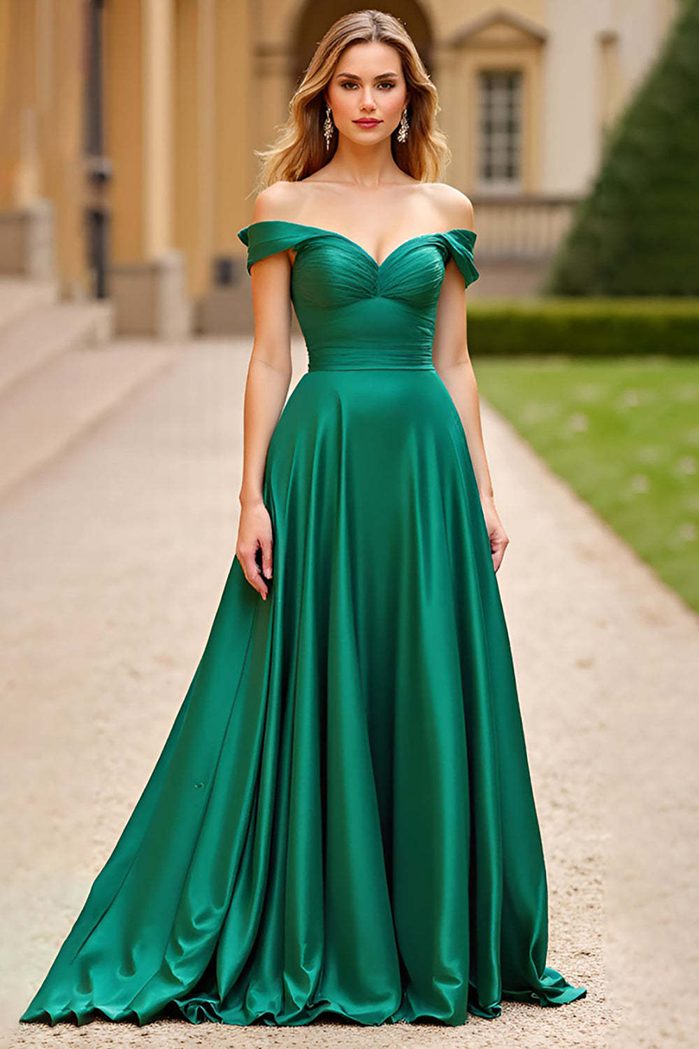 Leely Women Dark Green Corset A Line Long Prom Dress Ruched Off the Shoulder Satin Evening Dress