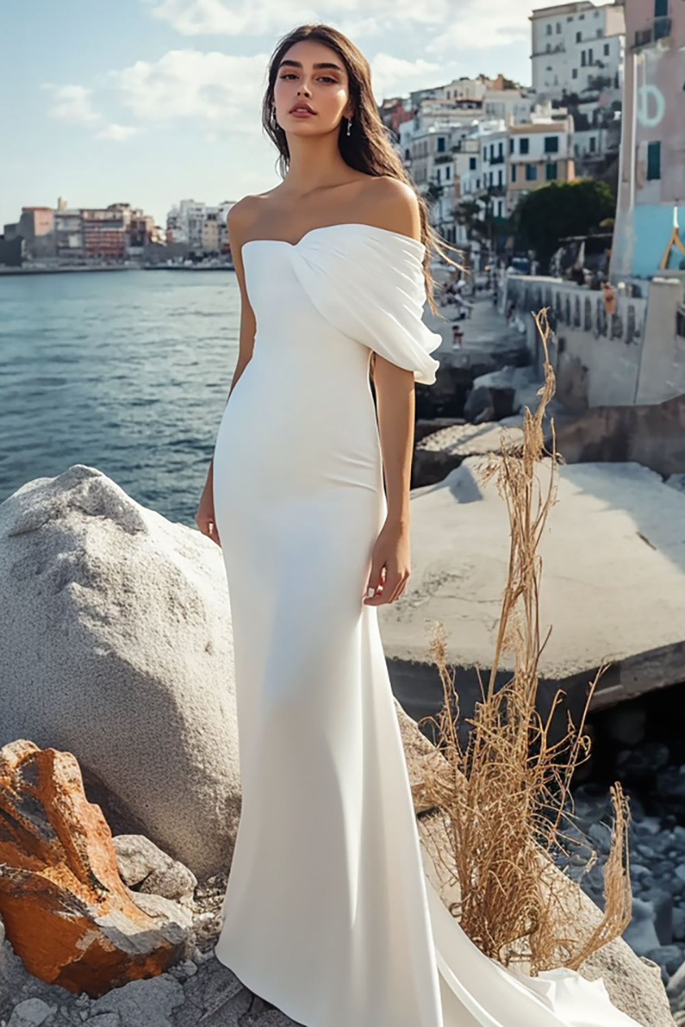 Leely Women White Sheath Satin Long Graduation Dress Strapless Sleeveless Little White Dress
