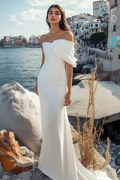 Leely Women White Sheath Satin Long Graduation Dress Strapless Sleeveless Little White Dress
