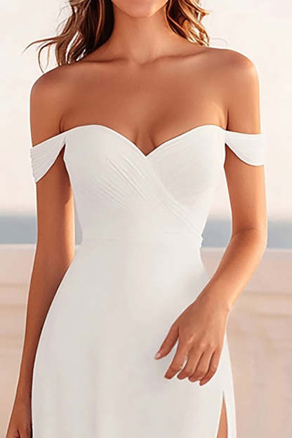 White Sheath Off the Shoulder Long Graduation Dress with Slit