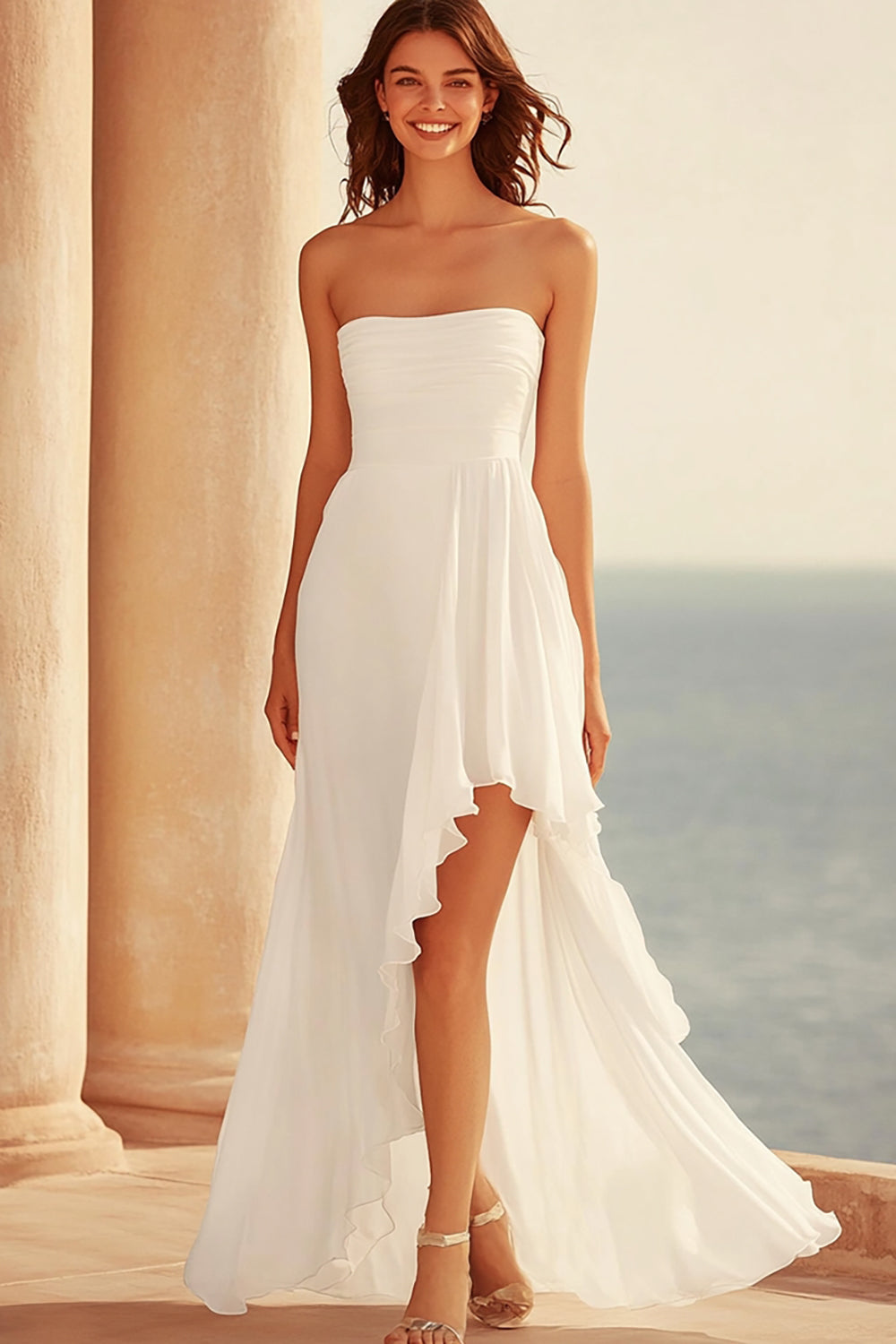 Strapless White Ruffled A Line Graduation Dress with Slit