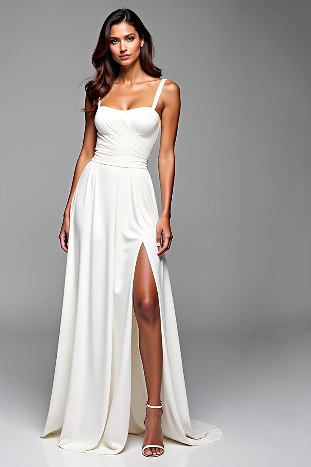 White A Line Backless Long Graduation Dress with Slit