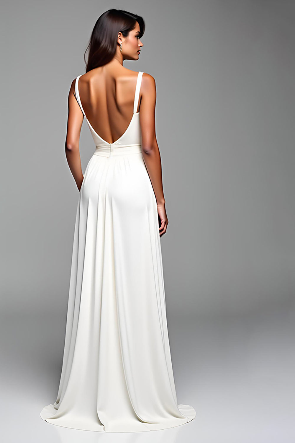 White A Line Backless Long Graduation Dress with Slit