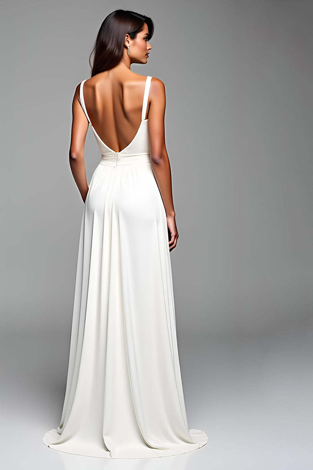 White A Line Backless Long Graduation Dress with Slit