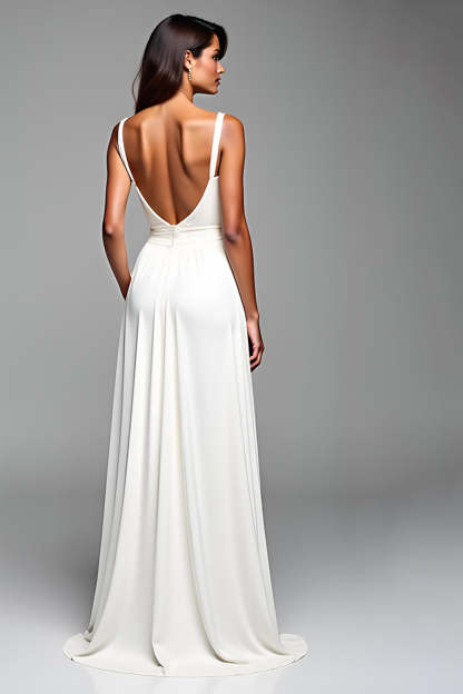 White A Line Backless Long Graduation Dress with Slit