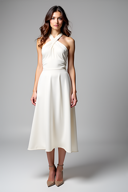 Leely Women A Line White Halter Graduation Dress Backless Satin Tea Length Little White Dress