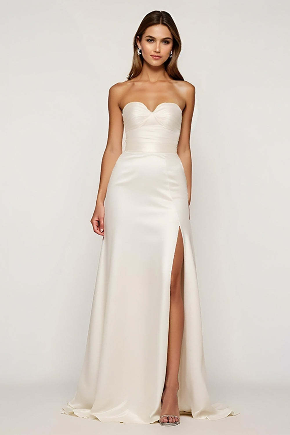 Leely Women Ivory Sheath Satin Long Graduation Dress with Slit Backless Strapless Little White Dress