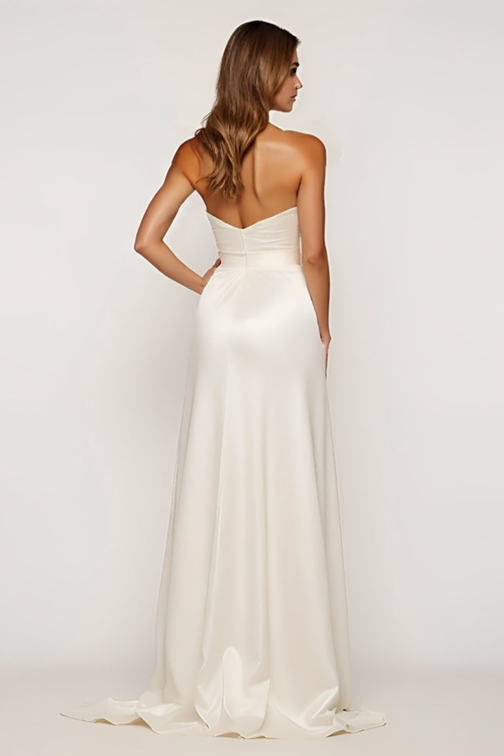Ivory Strapless Satin Sheath Long Graduation Dress with Slit