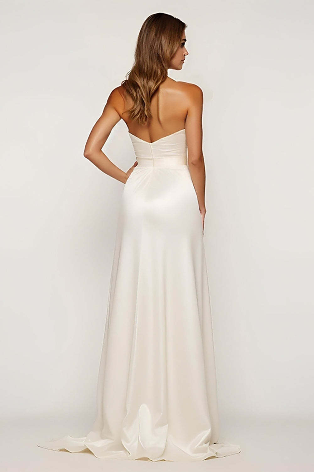 Ivory Strapless Satin Sheath Long Graduation Dress with Slit