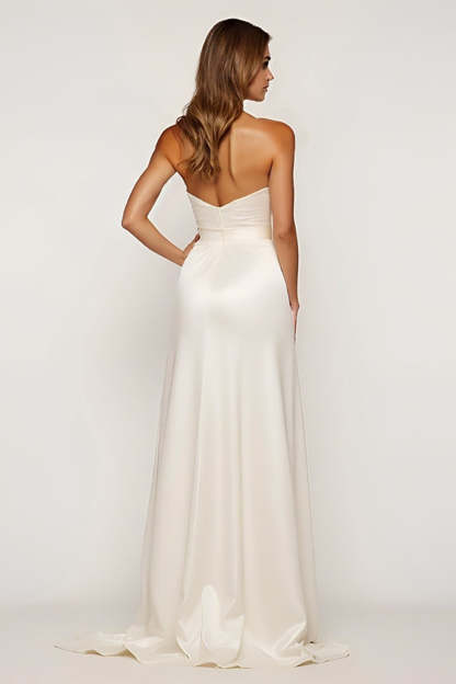 Ivory Strapless Satin Sheath Long Graduation Dress with Slit