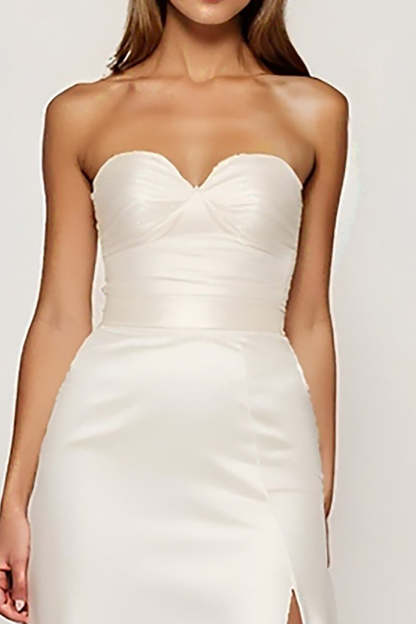 Ivory Strapless Satin Sheath Long Graduation Dress with Slit