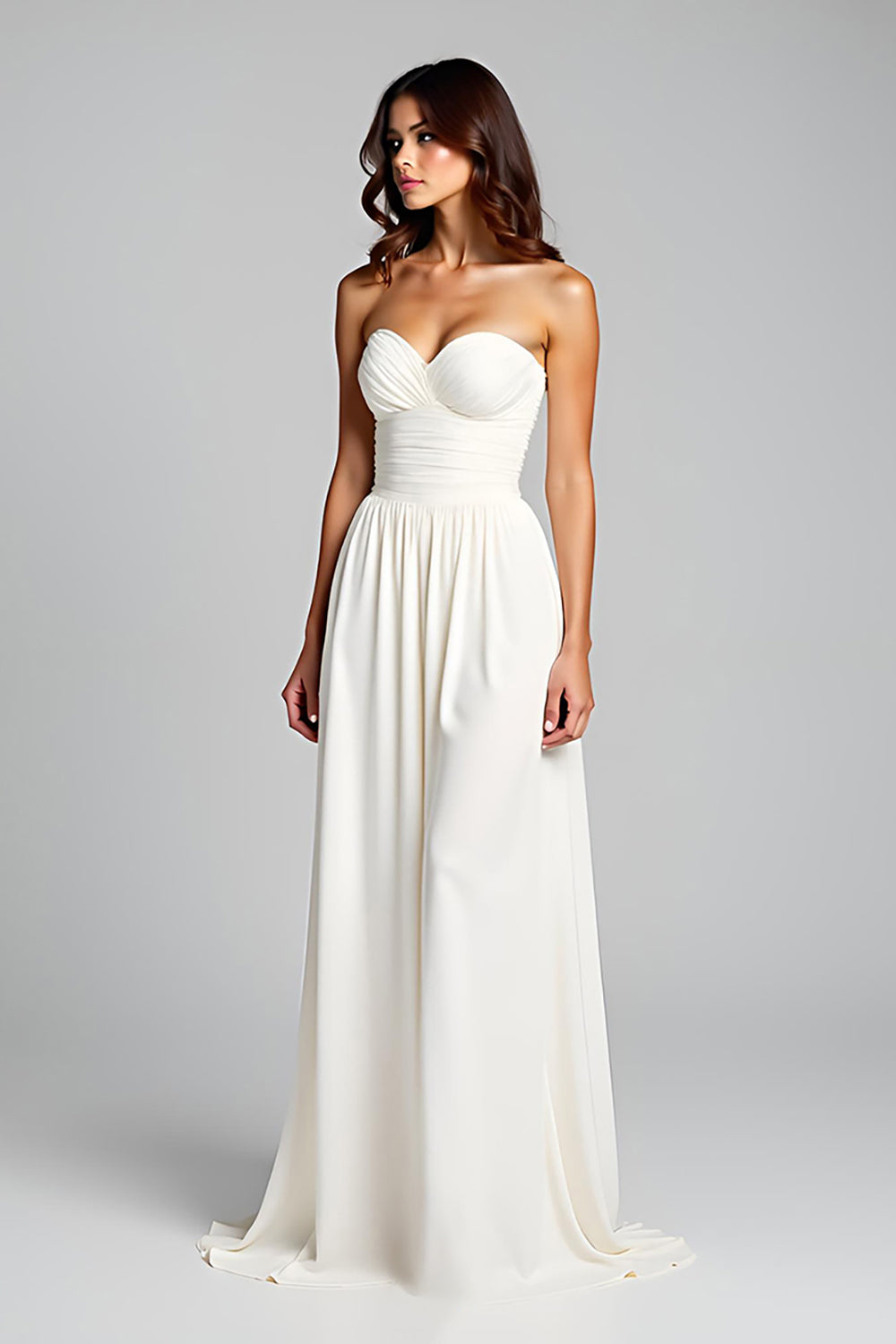 Leely Women Sweetheart White A Line Long Graduation Dress Strapless Ruched Little White Dress