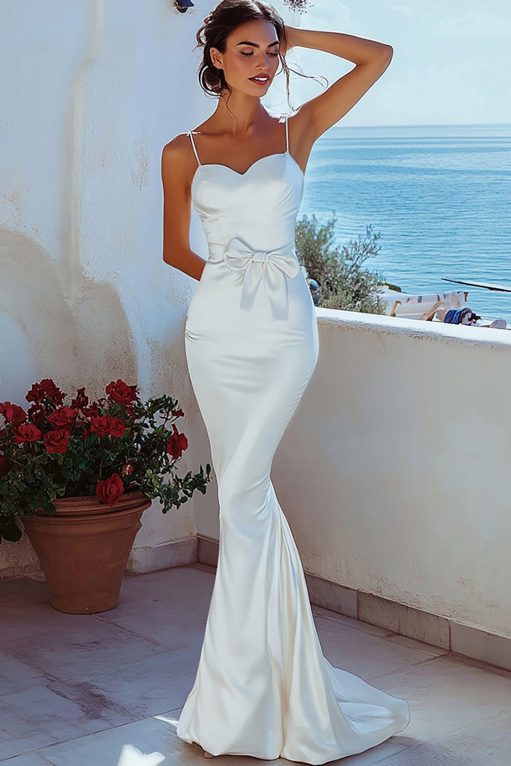 Mermaid White Satin Long Graduation Dress with Bowknot