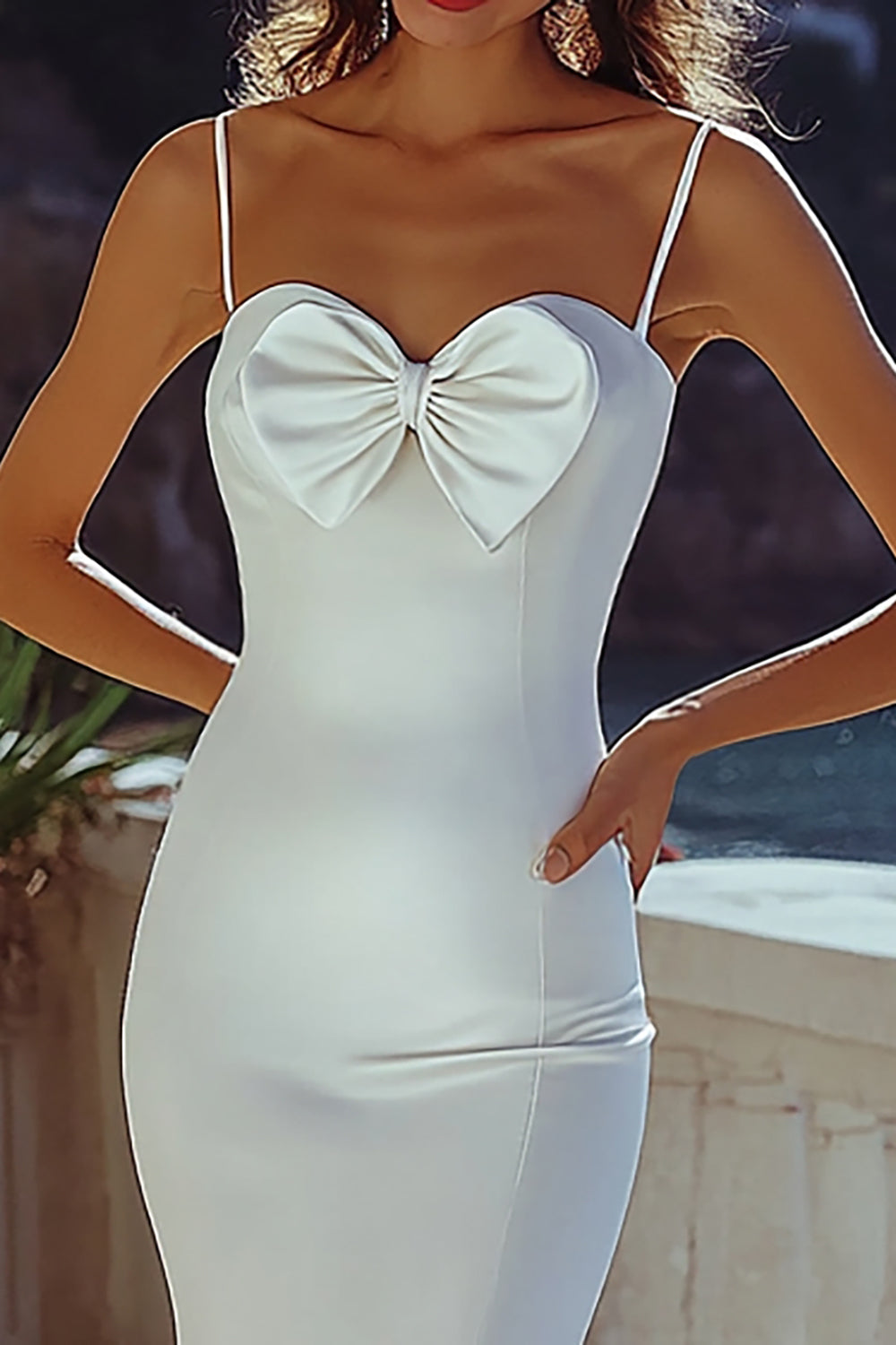 Sheath White Spaghetti Straps Satin Long Graduation Dress with Bow