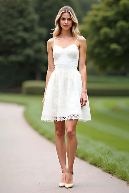 Leely Women Cute White A Line Lace Short Graduation Dress Spaghetti Straps Mini Little White Dress