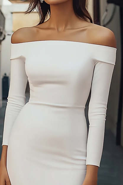 White Bodycon Off the Shoulder Mini Graduation Dress with Long Sleeves