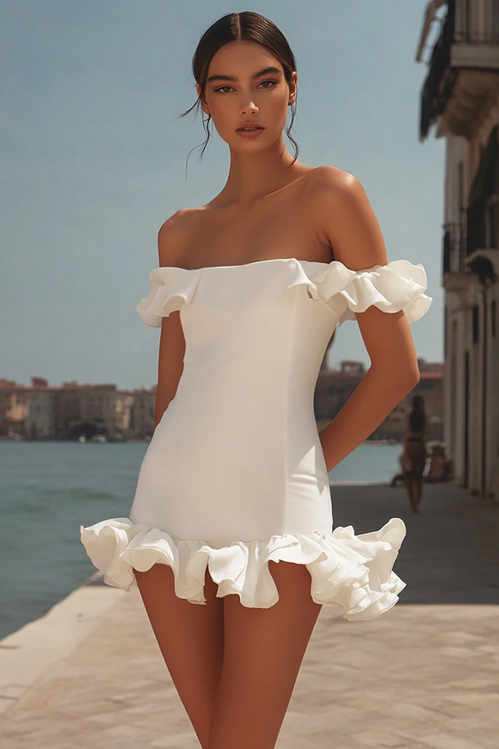 Leely Women White Satin Mini Bodycon Graduation Dress with Ruffles Off the Shoulder Strapless Short Little White Dress