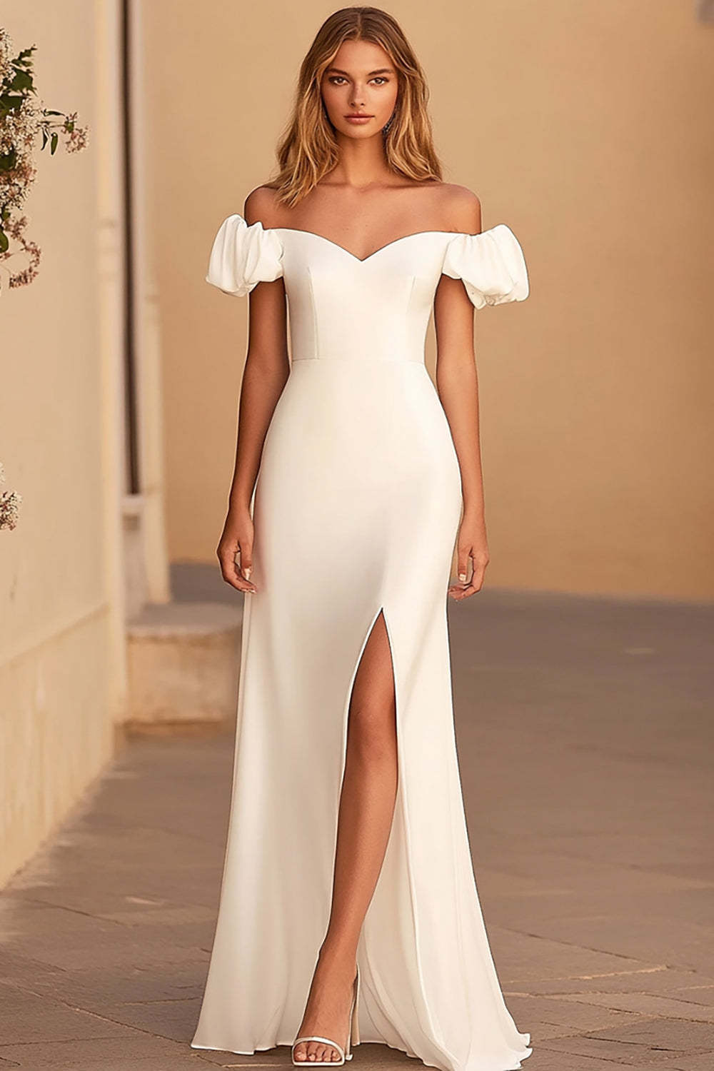 Leely Women White Sheath Satin Long Graduation Dress Puff Sleeves Off the Shoulder Little White Dress with Slit