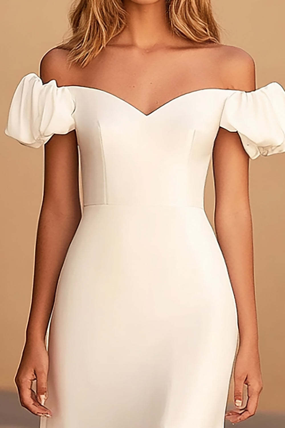 White Puff Sleeves Satin Sheath Long Graduation Dress with Slit