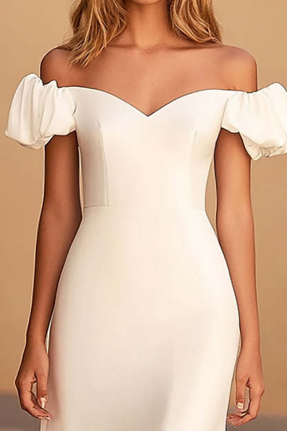 White Puff Sleeves Satin Sheath Long Graduation Dress with Slit