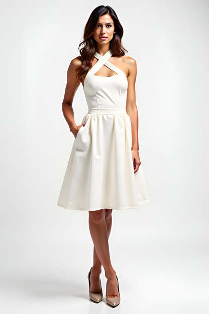 Leely Women Ivory A Line Halter Midi Graduation Dress Short Satin Keyhole Little White Dress