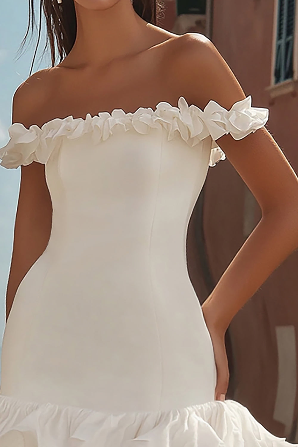 White Off the Shoulder Satin Bodycon Ruffled Short Graduation Dress