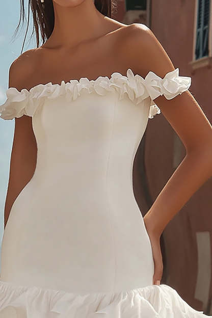White Off the Shoulder Satin Bodycon Ruffled Short Graduation Dress