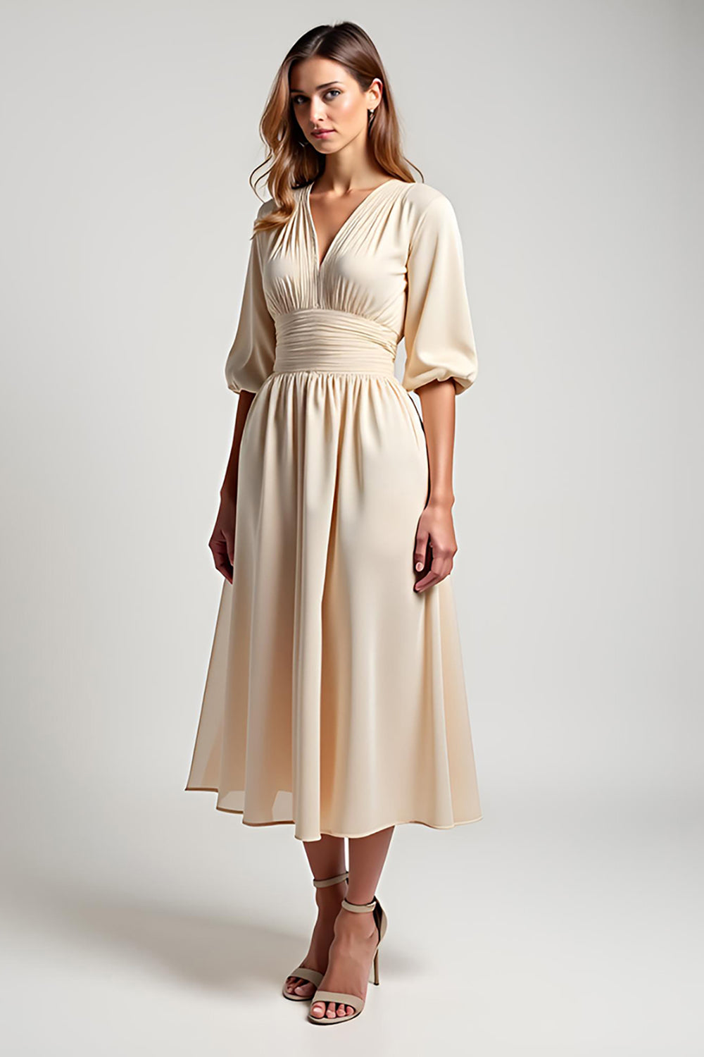 Leely Women Chiffon Champagne A Line Mother of the Bride Dress V-Neck Half Sleeves Ruched Tea Length Wedding Guest Dress
