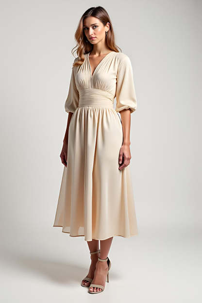 Leely Women Chiffon Champagne A Line Mother of the Bride Dress V-Neck Half Sleeves Ruched Tea Length Wedding Guest Dress