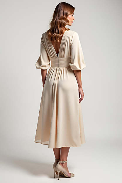 Chiffon Champagne A Line Ruched Tea Length Mother of the Bride Dress