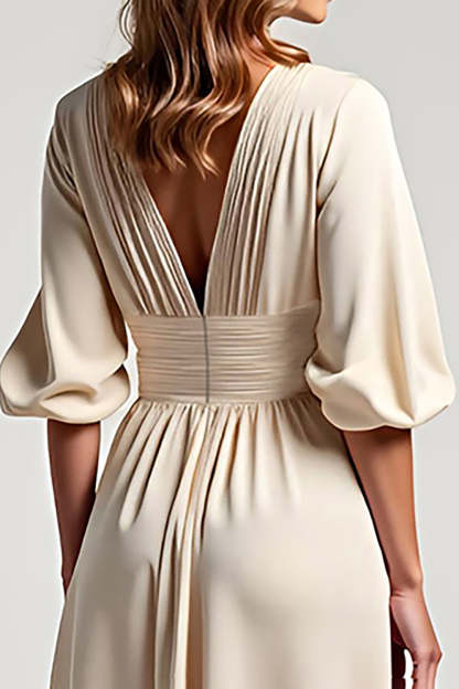 Chiffon Champagne A Line Ruched Tea Length Mother of the Bride Dress