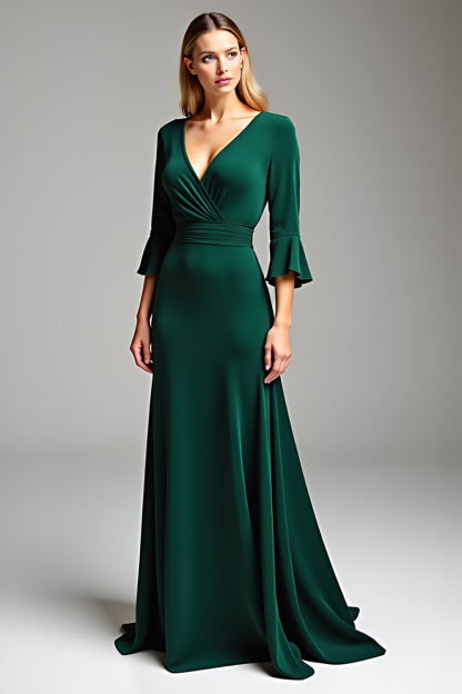 Leely Women Dark Green V-Neck A Line Long Mother of the Bride Dress Flutter Sleeves Backless Formal Dress