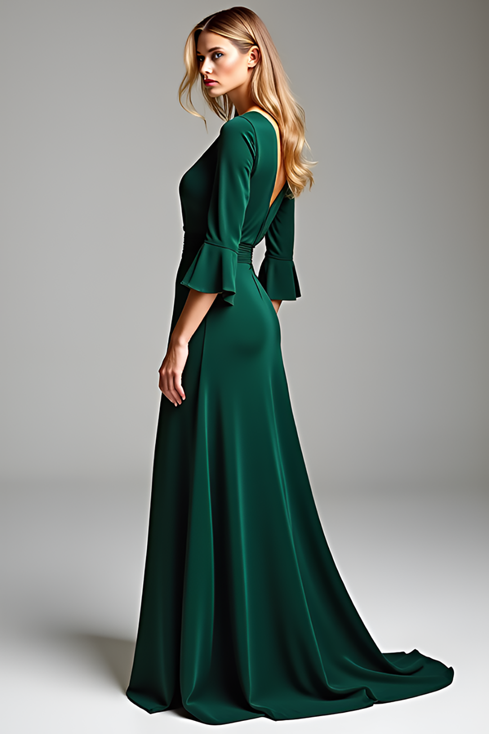 Dark Green V-Neck Flutter Sleeves Long Mother of the Bride Dress