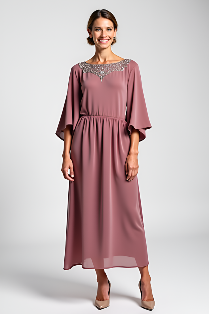 Leely Women Vintage Mauve Flowy A Line Beaded Mother of the Bride Dress Half Sleeves Chiffon Tea-Length Wedding Guest Dress