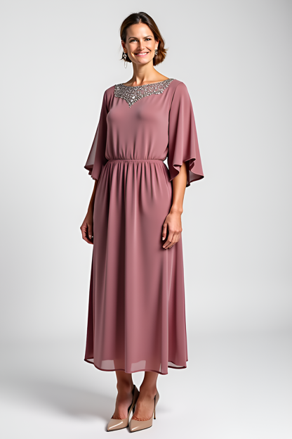 Vintage Mauve Flowy A Line Beaded Mother of the Bride Dress