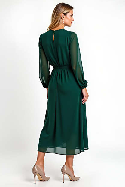 A Line Dark Green Chiffon V Neck Long Sleeves Mother of the Bride Dress