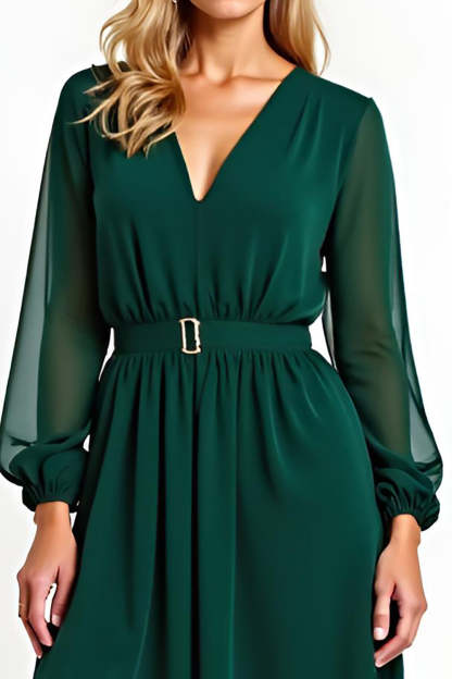 A Line Dark Green Chiffon V Neck Long Sleeves Mother of the Bride Dress