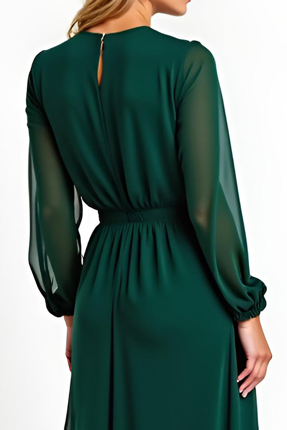 A Line Dark Green Chiffon V Neck Long Sleeves Mother of the Bride Dress